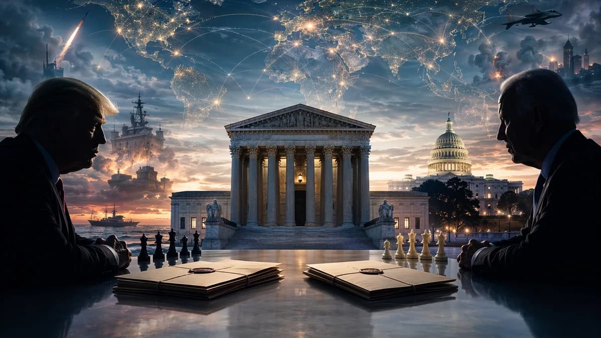 Symbolic U.S. political investigation scene with courthouse, rival silhouettes, documents, and global map.