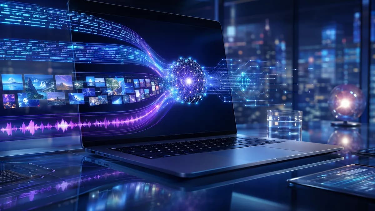 Laptop with glowing multimodal AI streams converging into a neural core in a futuristic tech workspace.