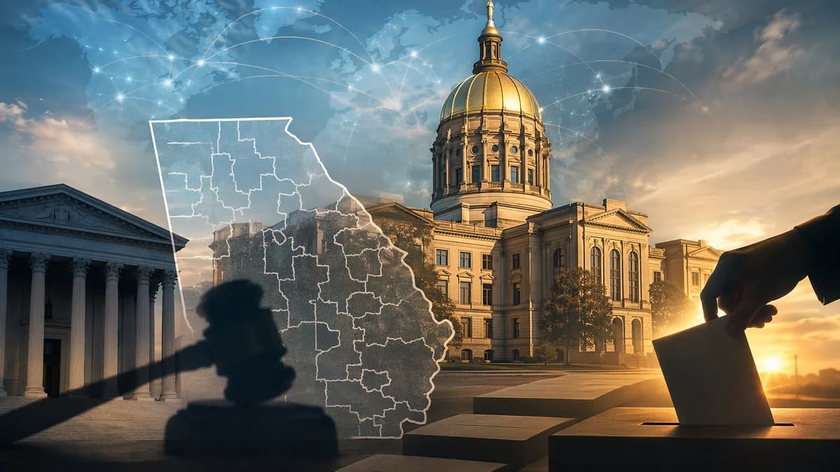Georgia capitol with abstract district lines and global map backdrop symbolizing voting rights dispute