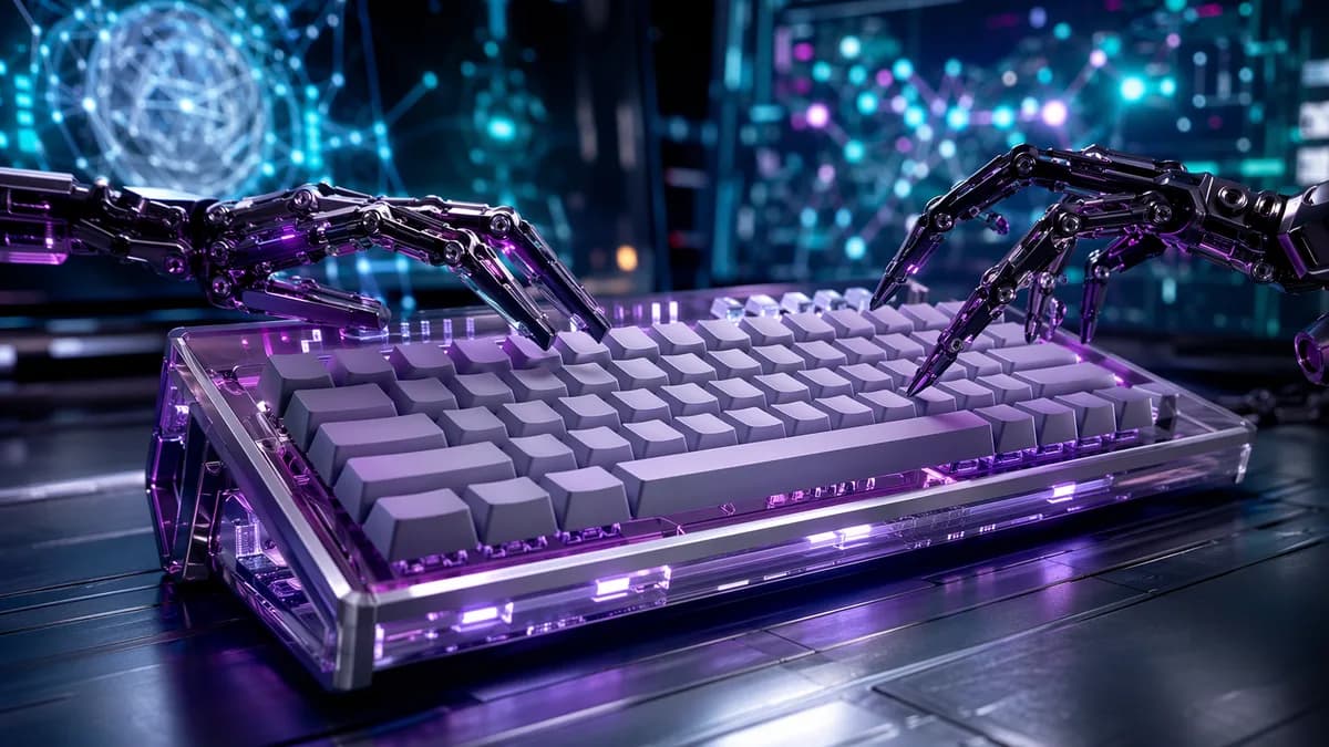 Cyberpunk mechanical keyboard with robotic fingers in a futuristic tech workspace.