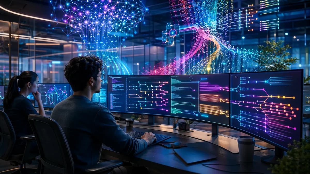 Futuristic workspace showing abstract branch graphs and repo data streams on glowing screens.