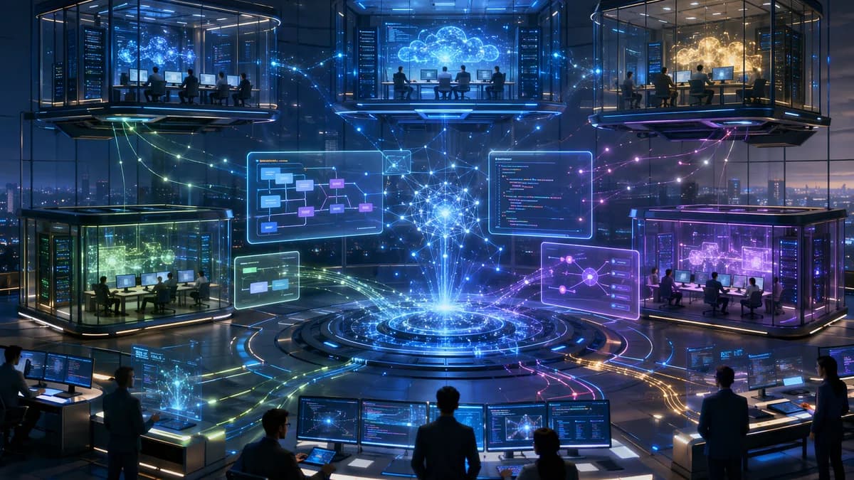 Cloud development workspaces connected in a futuristic tech hub, symbolizing Codespaces alternatives.