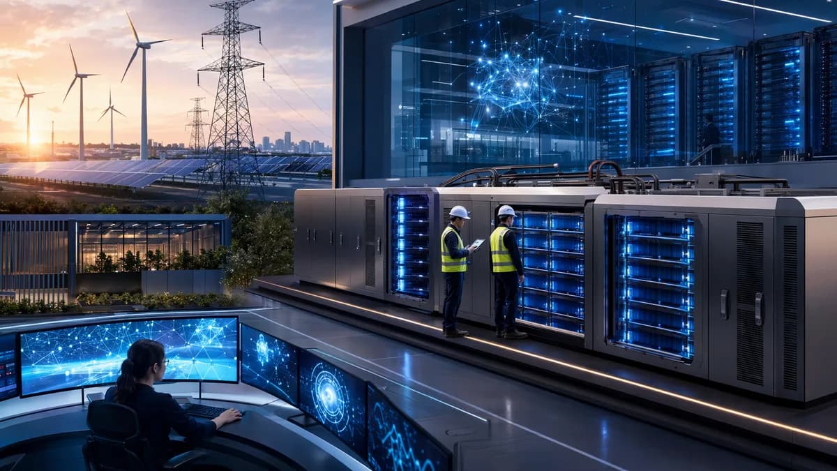 Modular batteries powering an AI data center and smart grid in a futuristic tech facility.