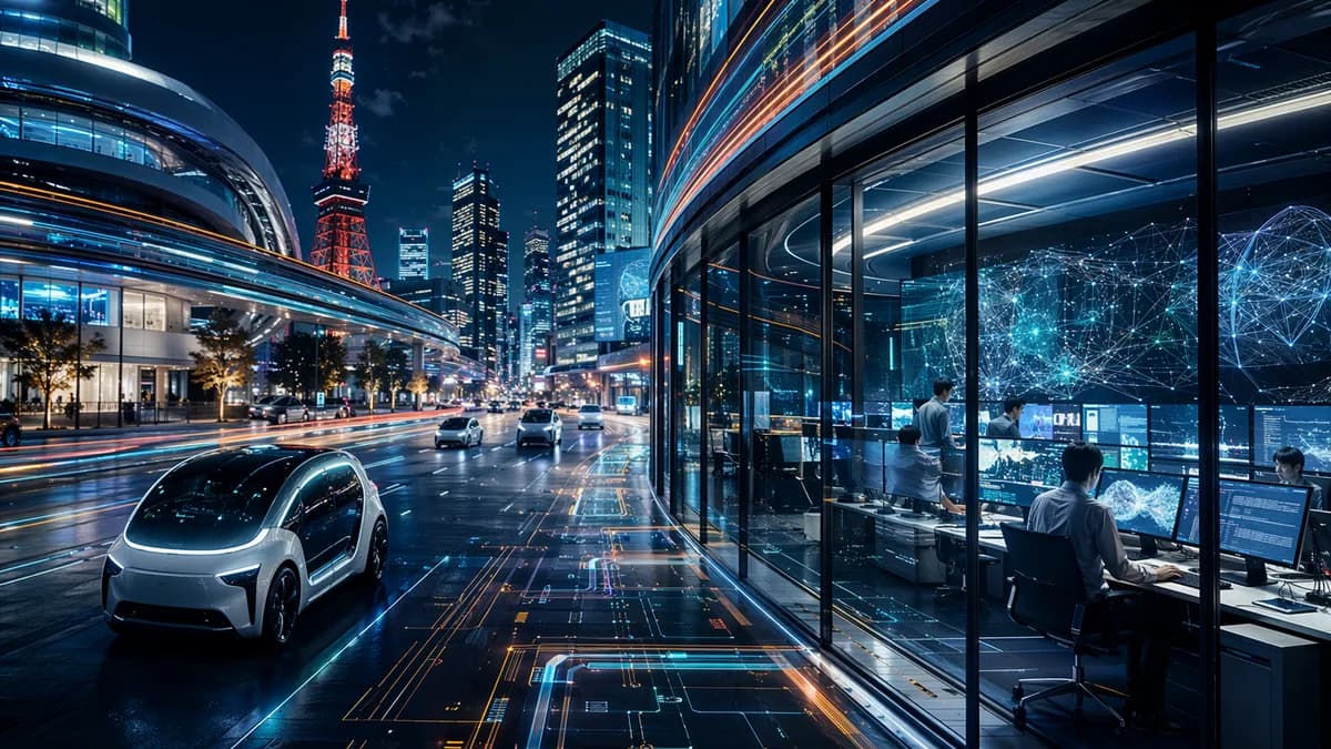 Autonomous taxis and AI control room in a futuristic Tokyo tech hub at night