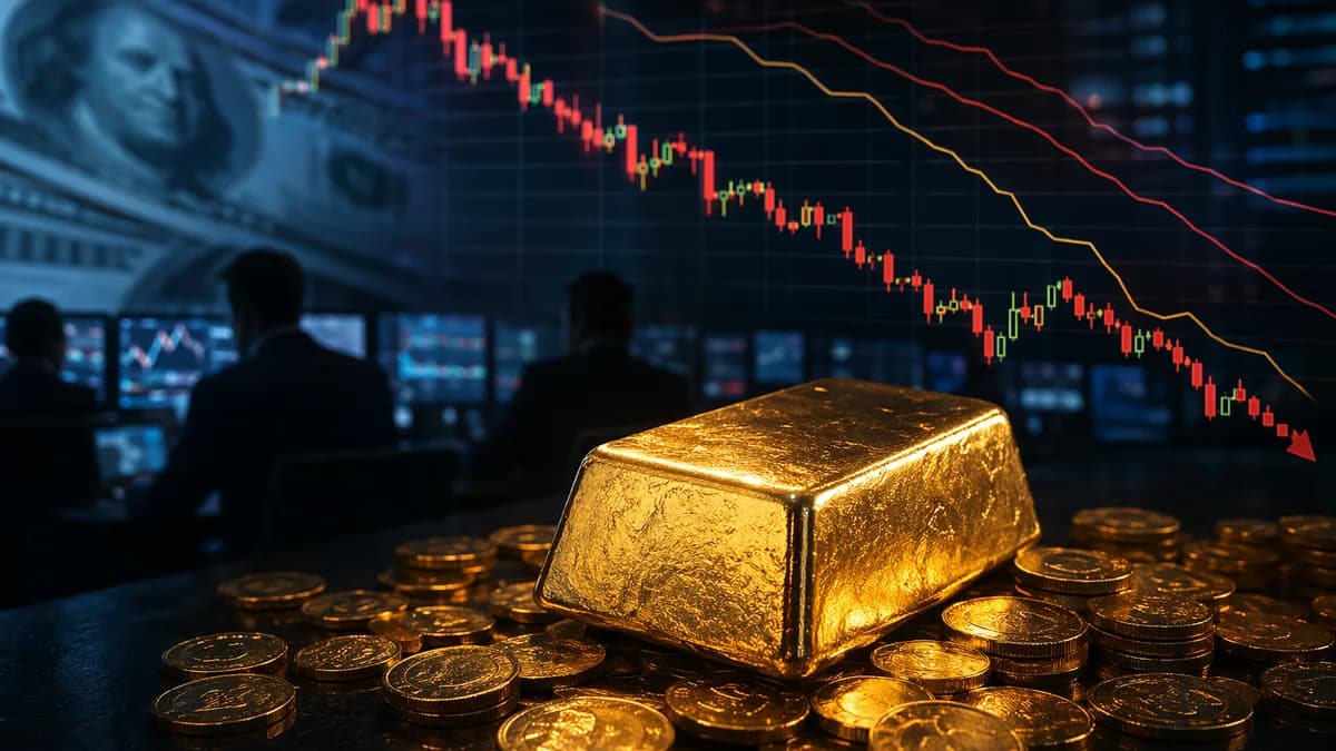 Gold bars on a trading floor with bearish market charts and soft dollar imagery in the background