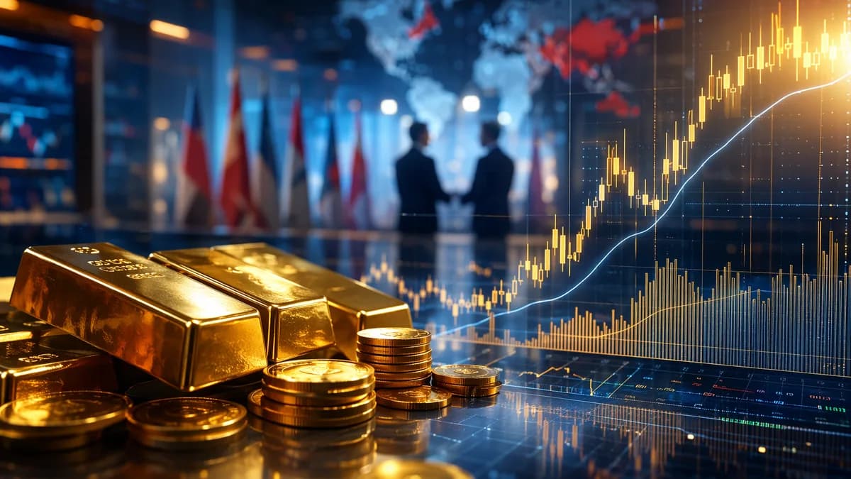 Gold bars on a trading desk with glowing market charts, suggesting a cautious rebound and bull-trap risk.