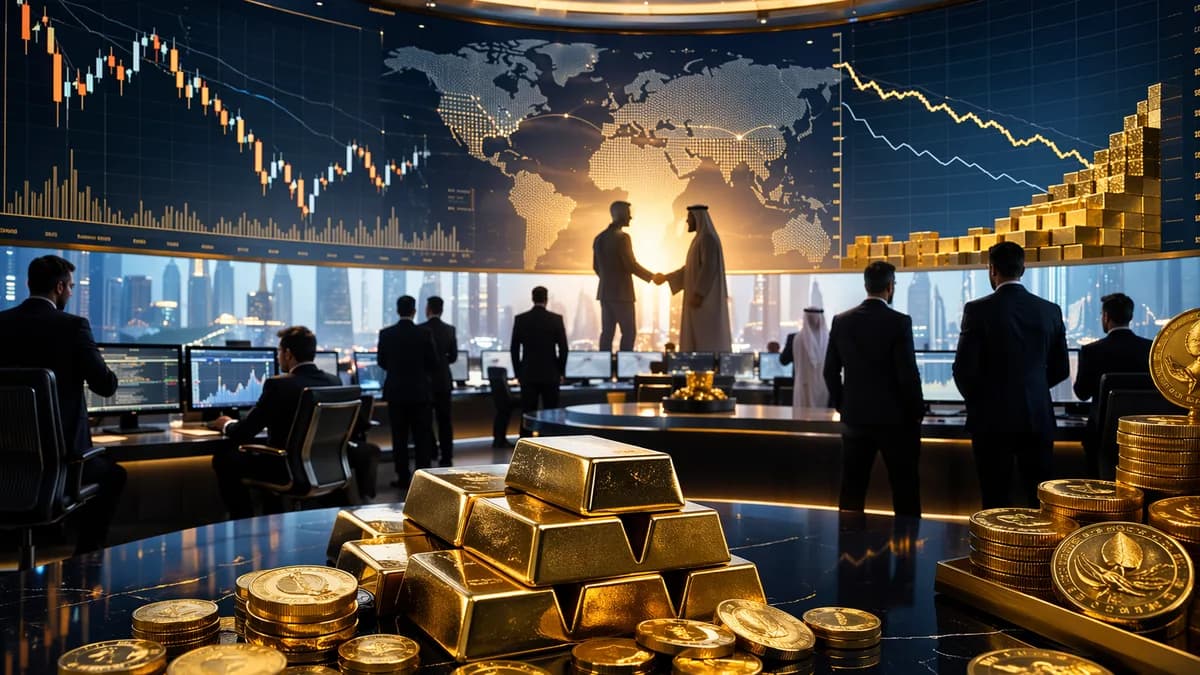 Gold bars on a trading floor with market charts and a subtle diplomacy backdrop