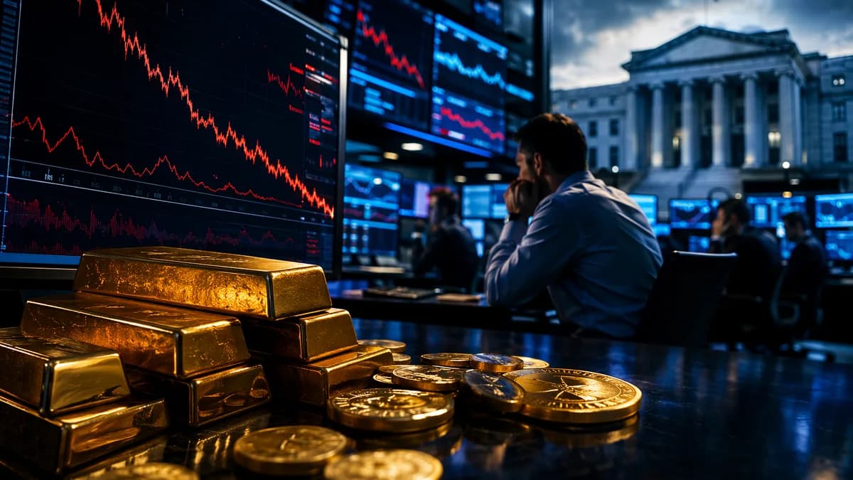 Gold bars on a trading desk with falling market charts and central bank backdrop