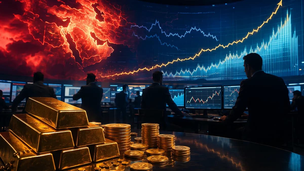 Gold bars on a trading floor with market charts and subtle geopolitical risk visuals.