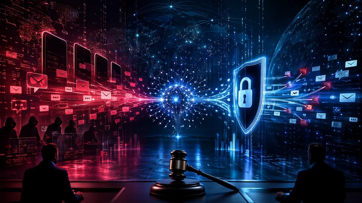 AI-driven phishing texts blocked by digital security shields in a dark cybercrime scene
