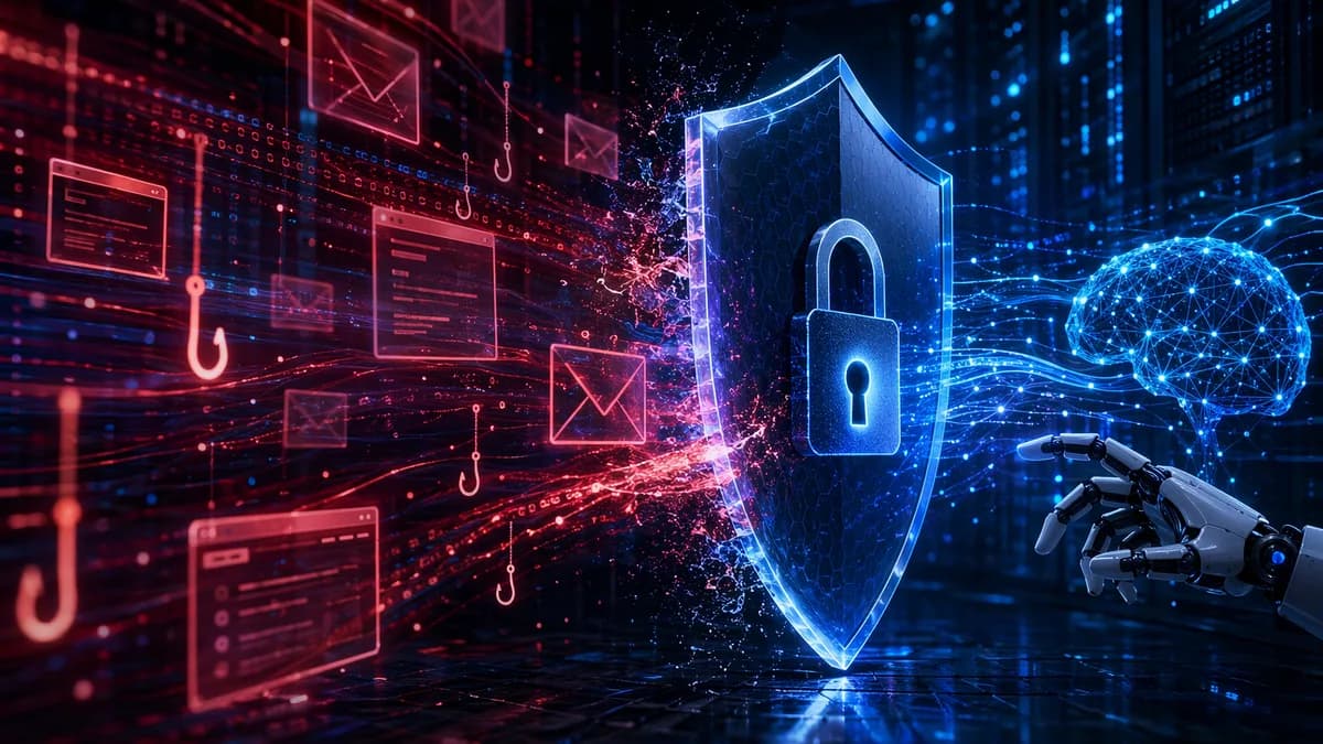 Digital shield blocking phishing networks and malicious data streams in a dark cybersecurity scene