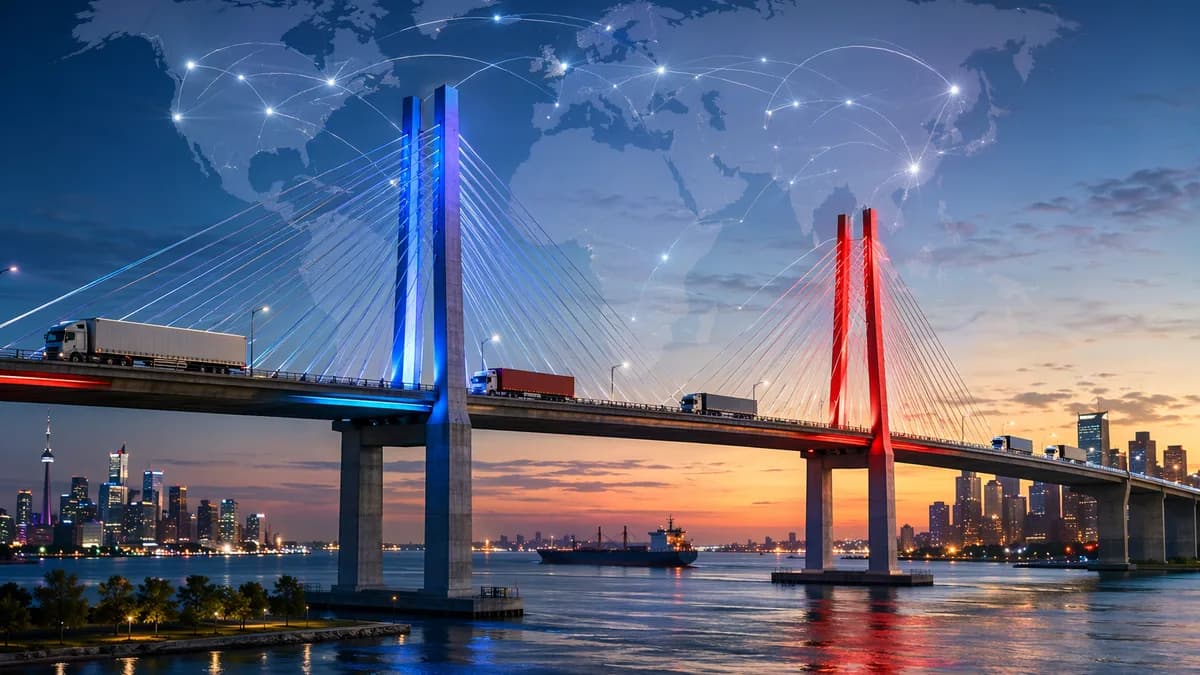 Modern bridge over Detroit River with trade trucks, world map overlay, and glowing global connections.