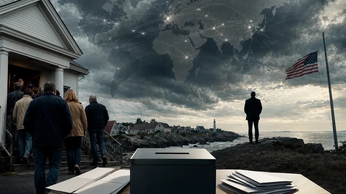 Maine voters at a polling place with storm clouds and a silhouetted candidate under global map overlays