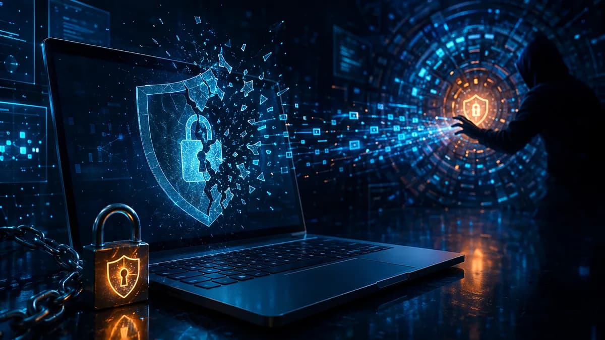 Encrypted laptop with fractured shield and code streams symbolizing a zero-day bypass of device protection.