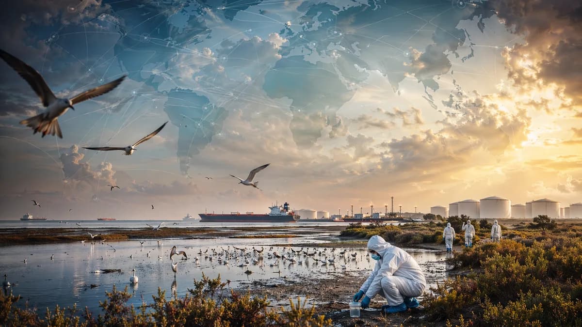 Australian wetland bird flu emergency with global map links and distant oil tankers symbolizing fuel risks