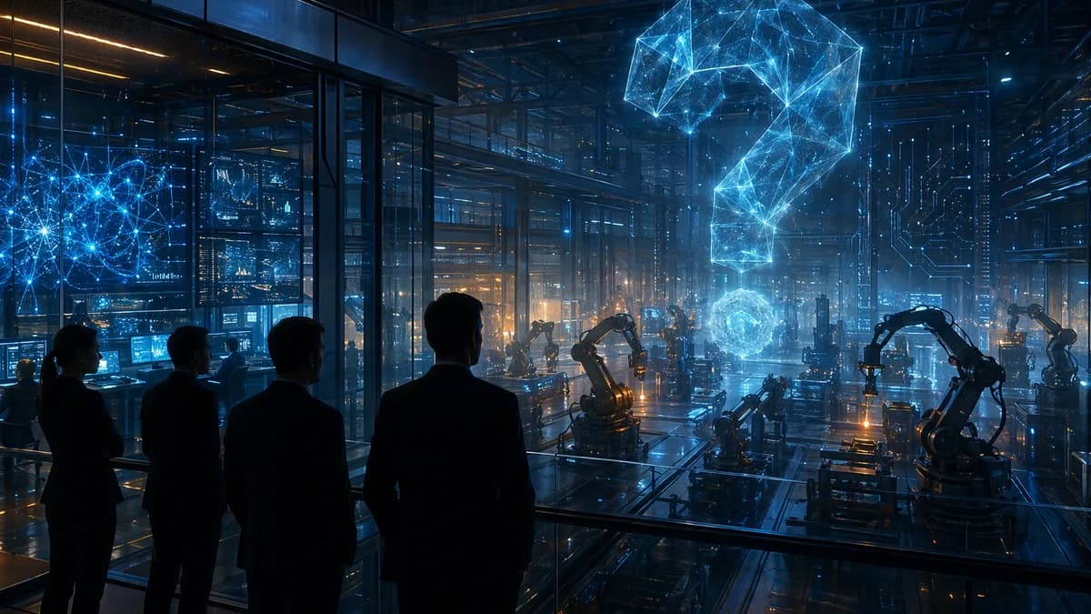 Futuristic AI factory floor with robotic arms, abstract data screens, and silhouetted observers suggesting uncertainty.