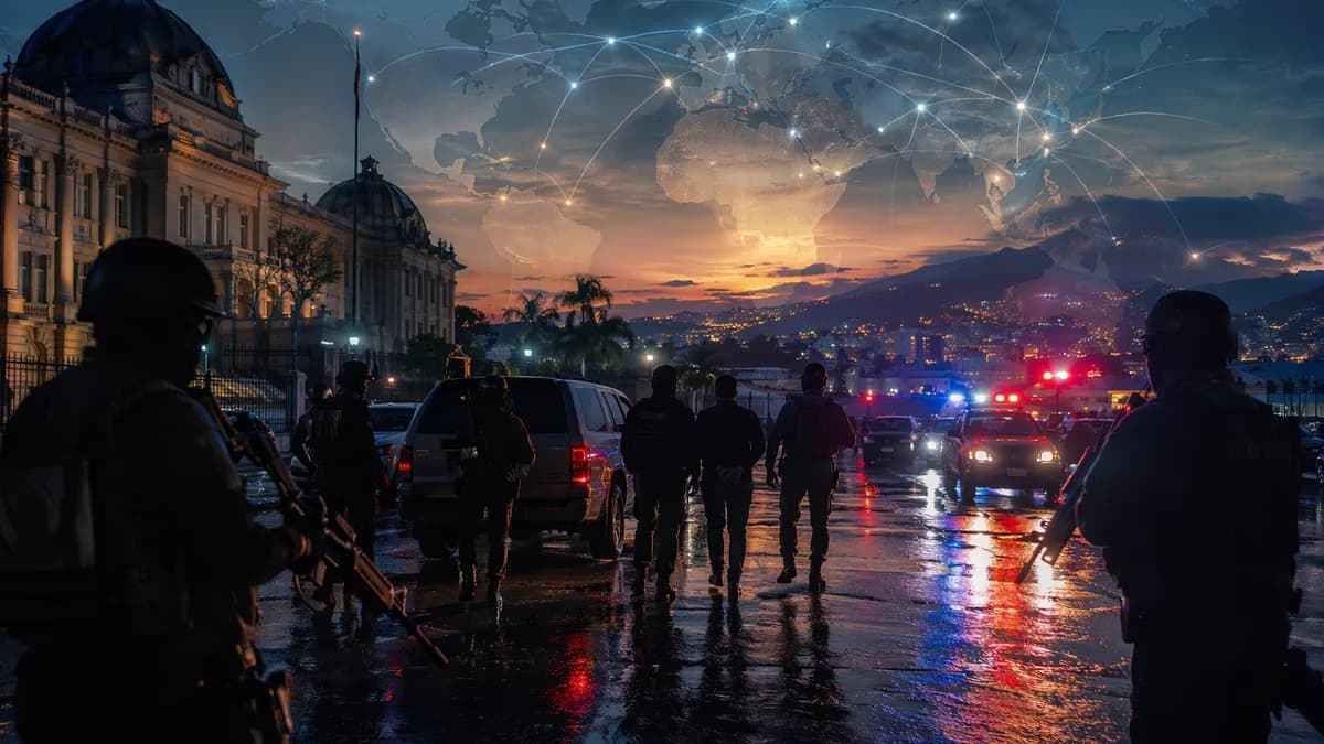 Tense Haiti capital abduction scene with armed silhouettes, police lights, and global map connections.