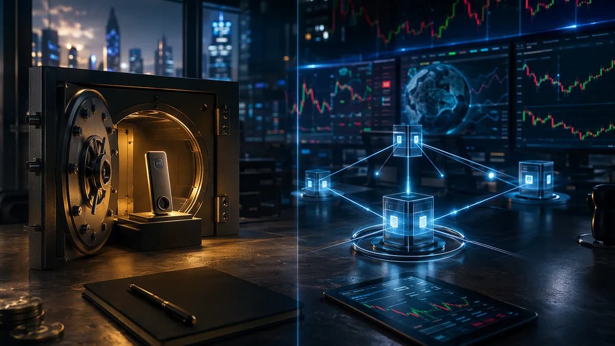 Crypto trading desk contrasting offline hardware custody with MPC recovery and approval networks.