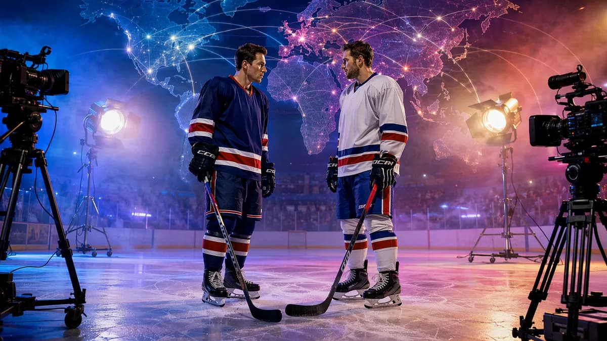 Rival hockey players on a cinematic rink with film cameras, rainbow light, and a global map backdrop.