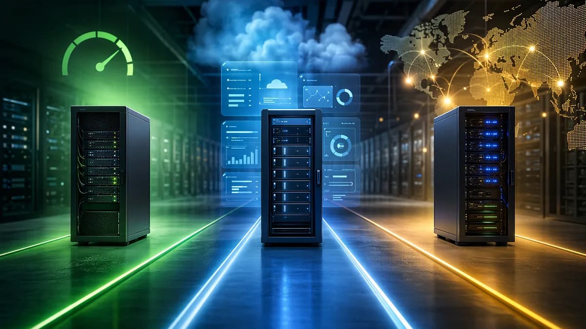 Three server racks racing through a modern cloud data center, symbolizing budget VPS choices.