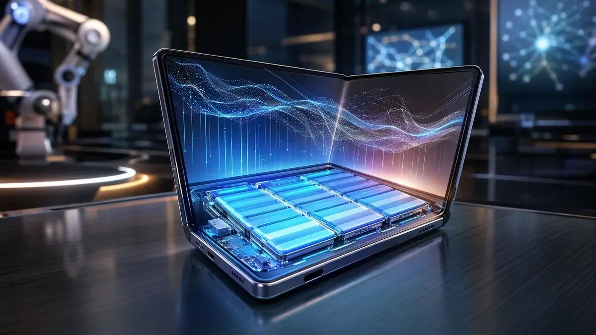 Ultra-thin foldable phone with glowing battery visualization in a futuristic tech workspace
