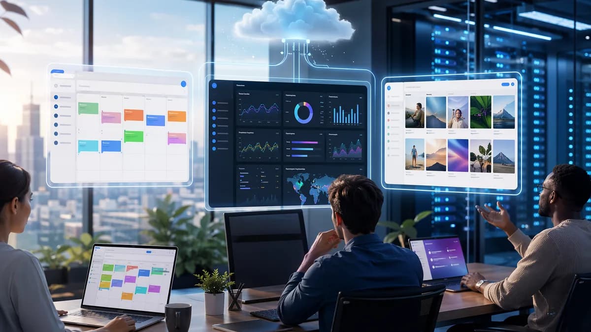 Three SaaS workflow dashboards for social media scheduling, analytics, and visual planning in a modern office.