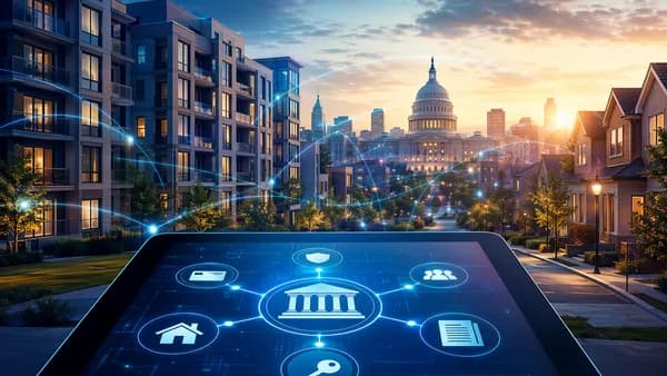 Digital housing finance network linking homes, banking apps, and policy architecture in a modern cityscape.