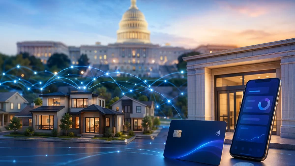 Capitol backdrop with model homes, banking tech, and digital finance links symbolizing housing bill passage