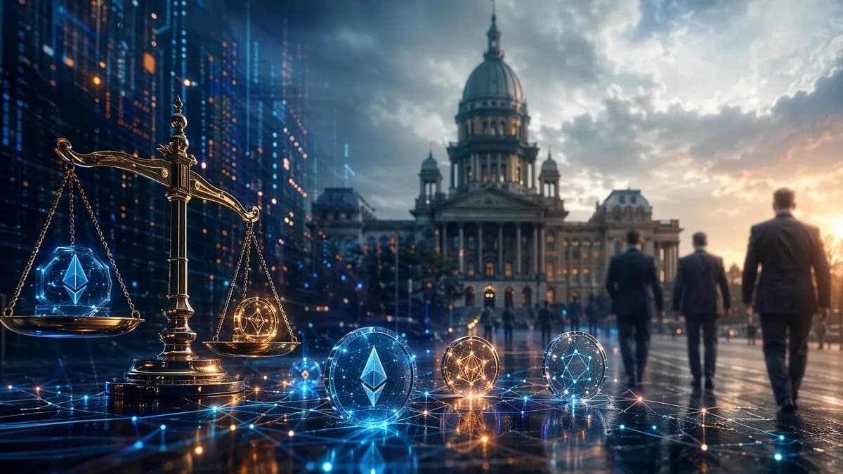 Illinois capitol with crypto tokens and financial data symbolizing backlash over a new crypto service tax