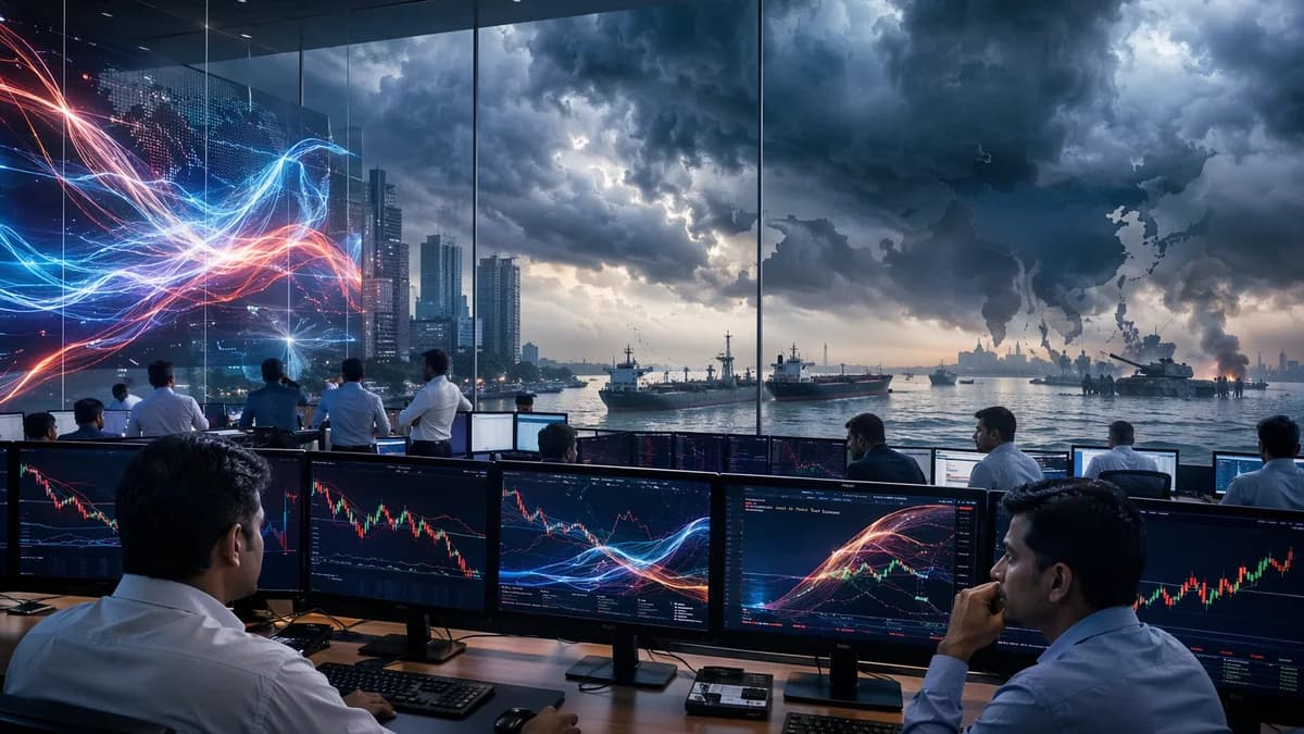 Mumbai trading floor with market charts, oil shock imagery, and stormy global risk signals.