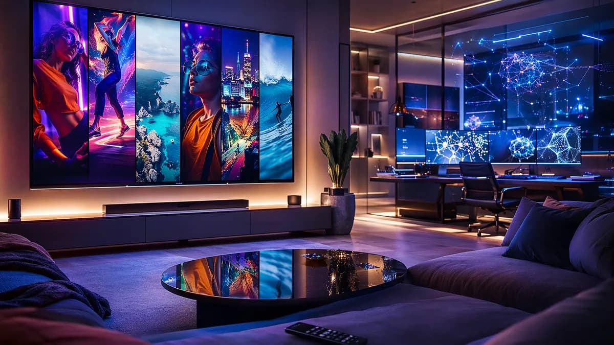 Modern living room with a smart TV showing colorful vertical social video panels, no logos or text.