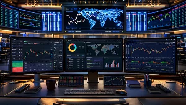 Trading desk showing broker, dashboard, and charting app interfaces for ETF and forex investors