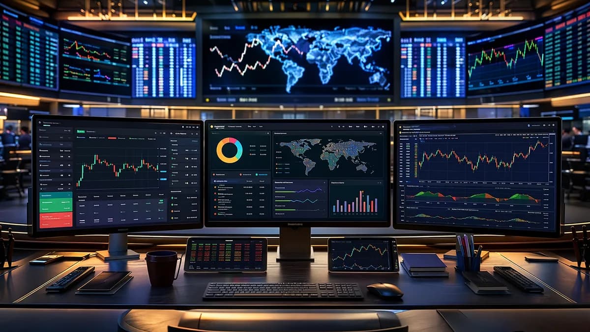 Trading desk showing broker, dashboard, and charting app interfaces for ETF and forex investors