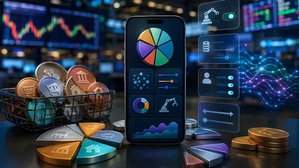 Smartphone with abstract fractional ETF portfolio visuals on a trading floor with market charts.