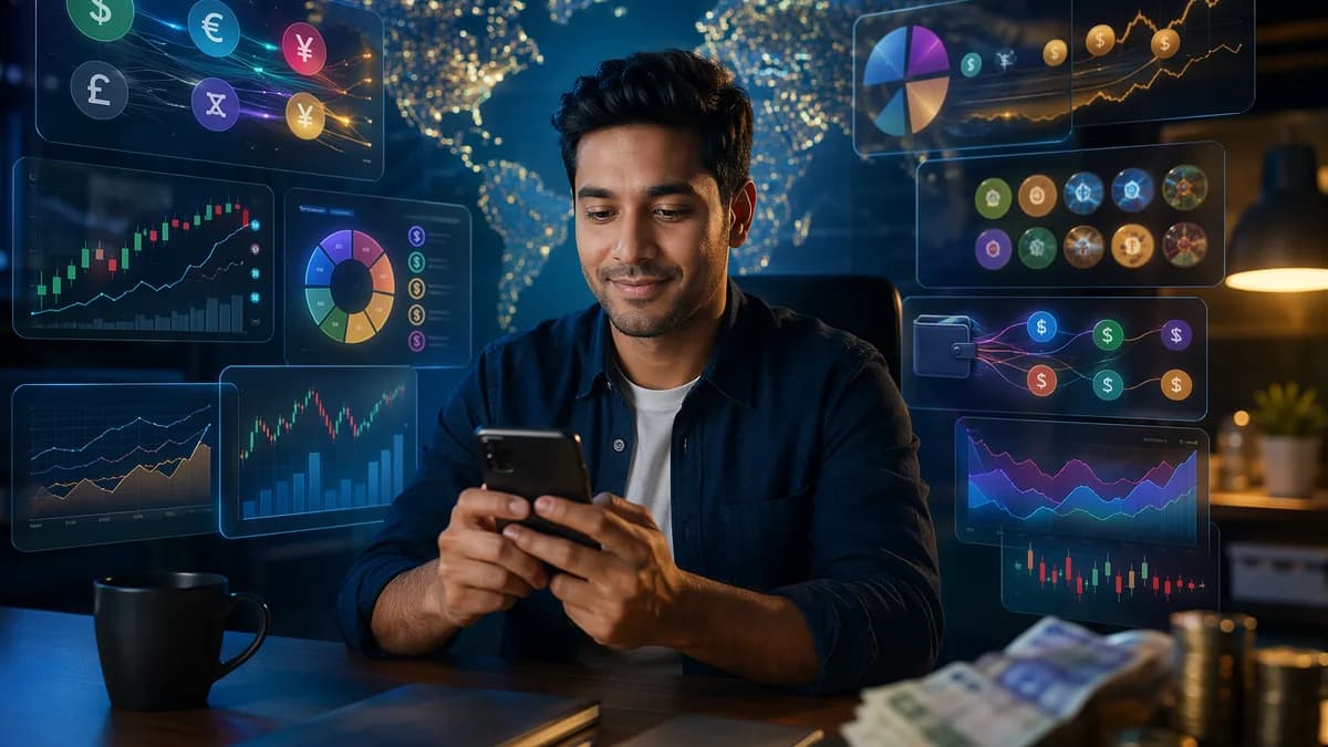 Retail investor using an app amid forex charts, fractional share visuals, and market data panels.