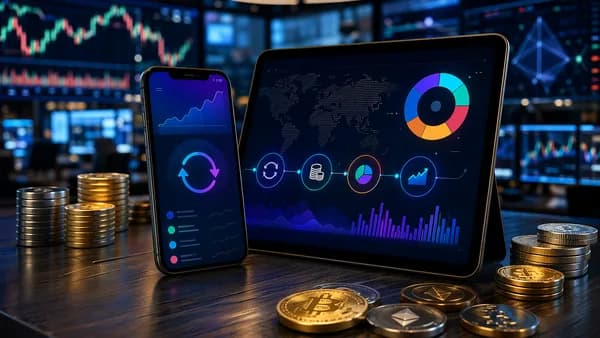 Smartphone with abstract automated investing dashboard over stock and crypto market visuals