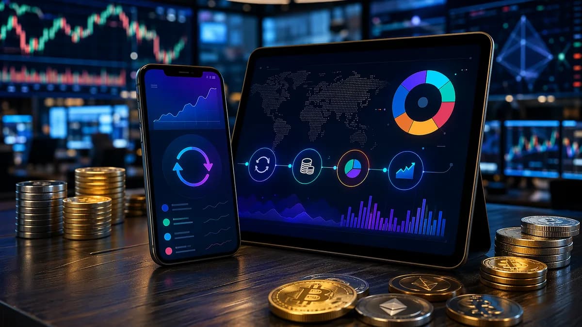 Smartphone with abstract automated investing dashboard over stock and crypto market visuals