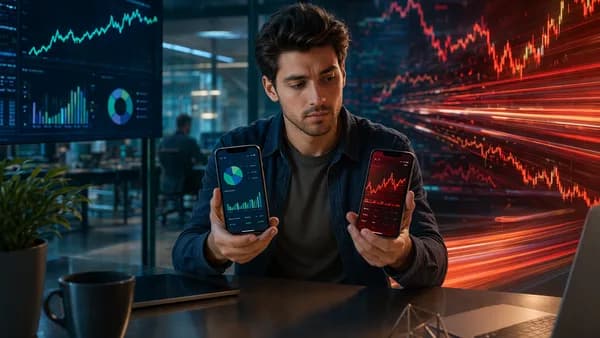 Beginner investor comparing safe investing app with risky CFD platform amid volatile market charts