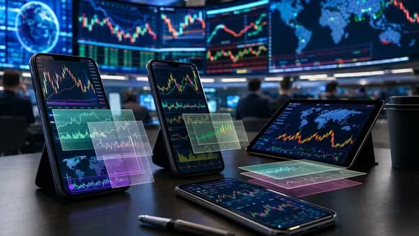 Smartphones with forex market visuals and fee overlays on a modern trading desk.
