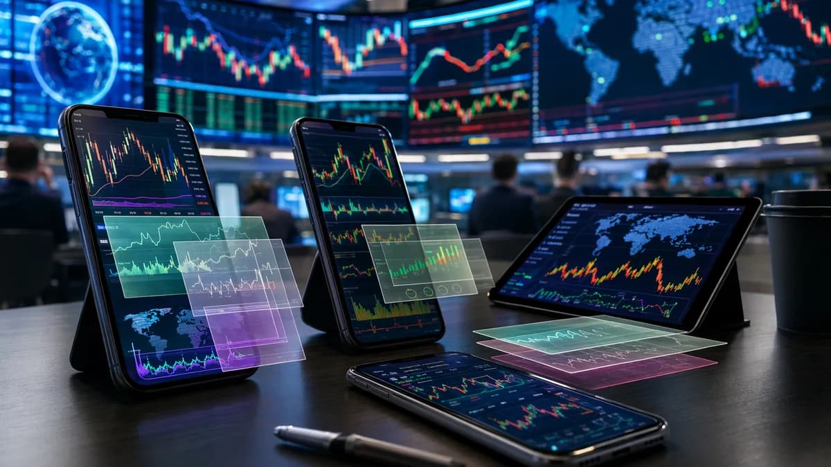 Smartphones with forex market visuals and fee overlays on a modern trading desk.