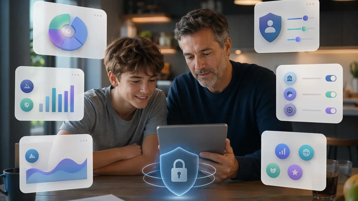 Parent and teen compare generic custodial investment app options on a tablet in a modern fintech scene.