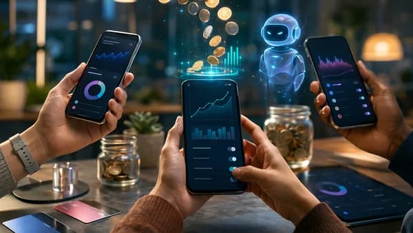 Smartphones with automated investing dashboards, coins, and a robo-advisor on a modern fintech desk