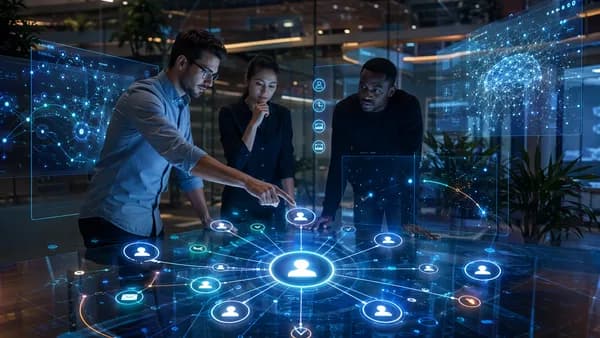 Founders in a futuristic workspace manage an AI-powered investor CRM pipeline.