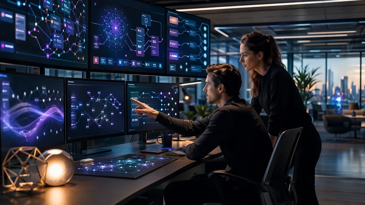 Founders in a futuristic workspace using abstract CRM screens to manage seed fundraising.