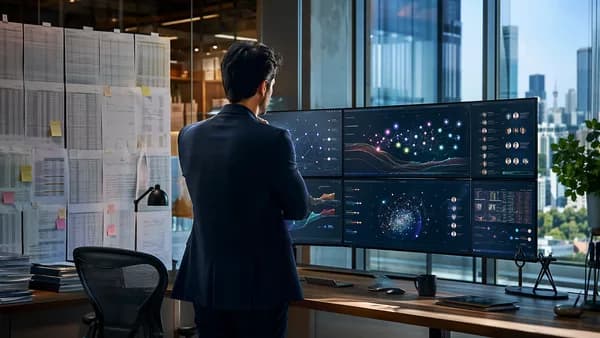 Founder using a futuristic investor CRM dashboard in a modern startup fundraising workspace.