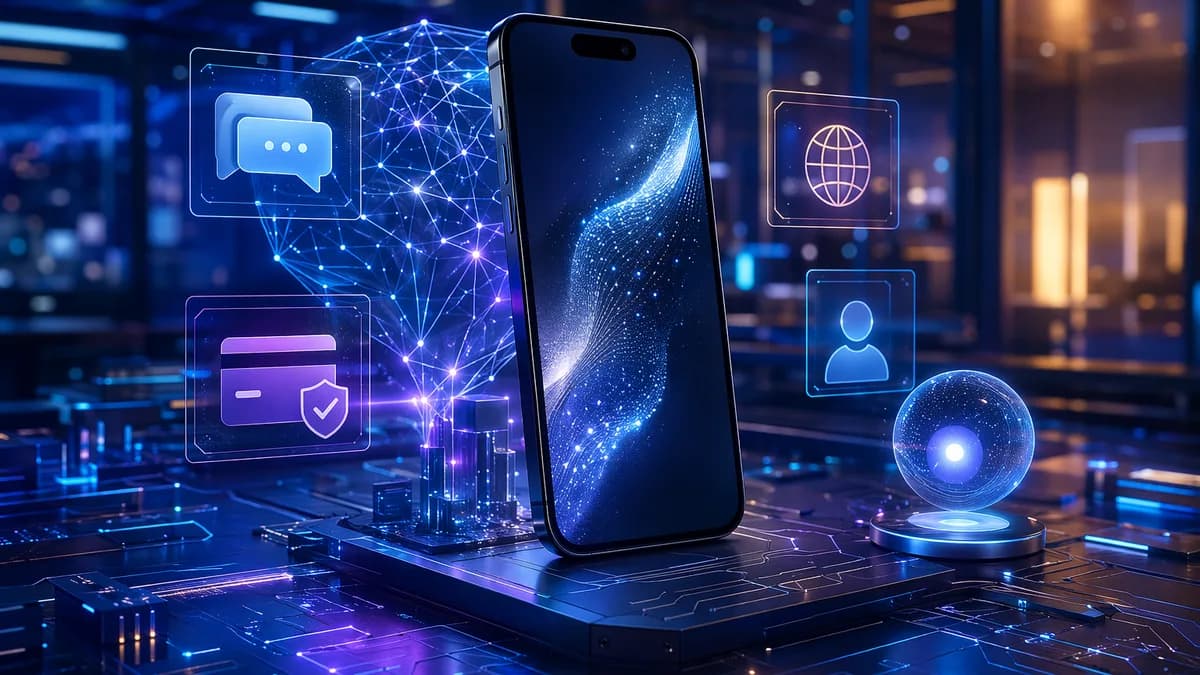 Premium smartphone surrounded by AI neural interfaces in a futuristic workspace