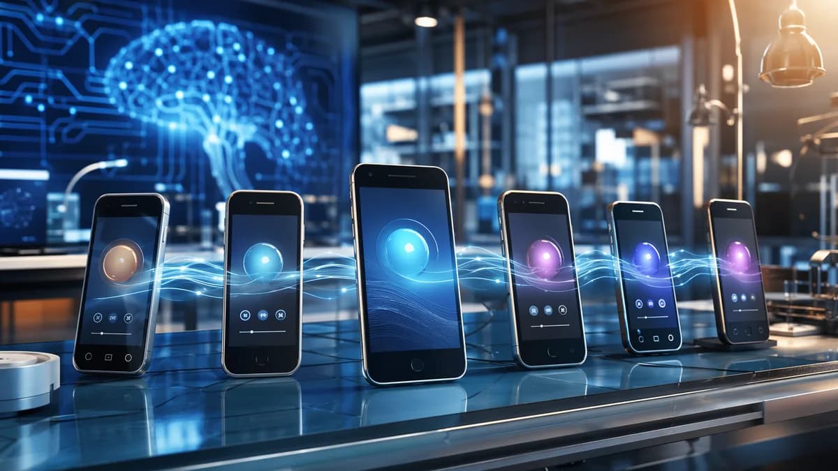 Older smartphones glowing with abstract upgrade features in a futuristic tech workspace