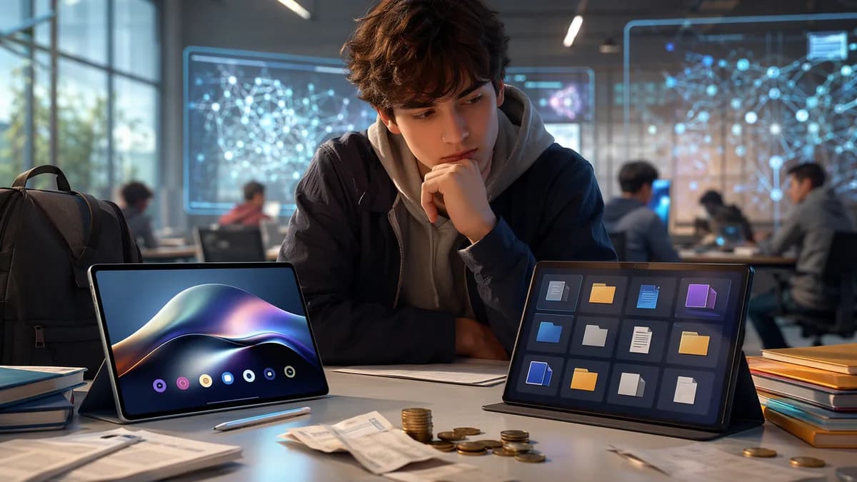Two generic student tablets in a futuristic workspace, symbolizing premium features versus lower cost.