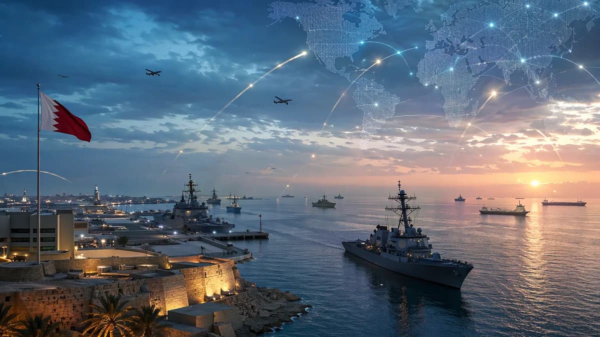 Warships, drones, oil tankers and global map lines depict Gulf security tensions near Bahrain and Hormuz.