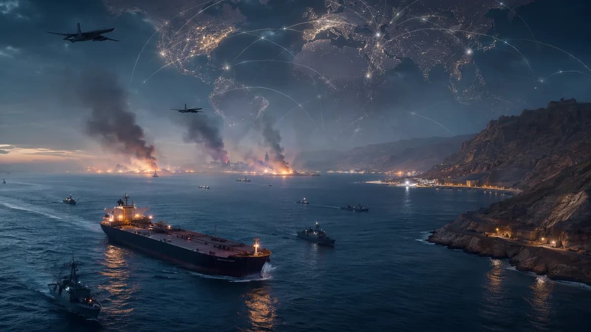 Oil tankers and naval ships in the Strait of Hormuz under a tense geopolitical map overlay.